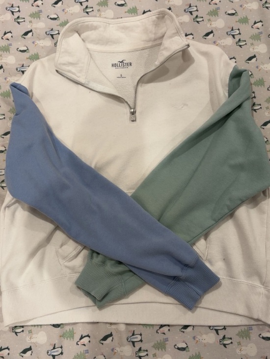 Hollister Tops - Hollister White Colorblock Quarter-Zip Pullover with Blue & Mint Sleeves